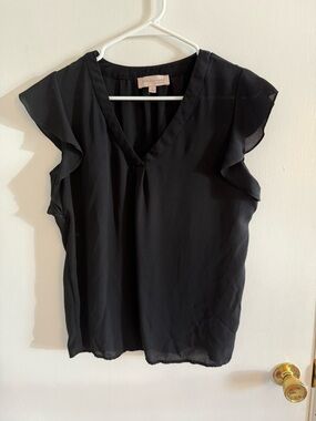 Philosophy Sheer Flutter-Sleeve V-Neck Blouse in Black